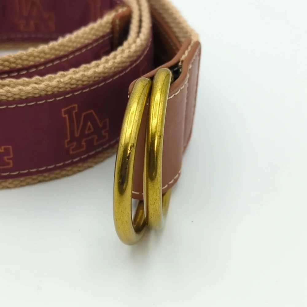 Barrington LA Logo D-Ring Canvas Leather Belt Womens S/M Maroon Gold